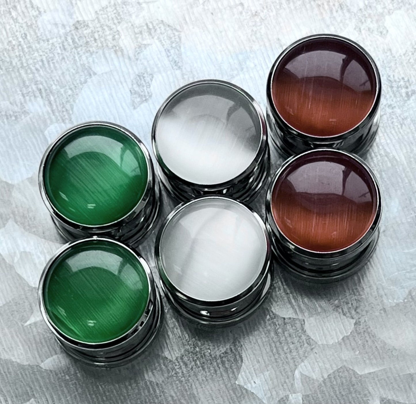 PAIR of Stunning Cat Eye Steel Screw Fit Tunnels/Plugs - Gauges 2g (8mm) thru 5/8" (16mm) in White, Green and Red/Orange Available!