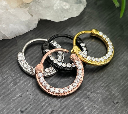 1 Piece Stunning 100% Surgical Steel Lined Crystal Septum Clicker Segment Ring- 16g - Silver, Gold, Rose Gold & Black Available!