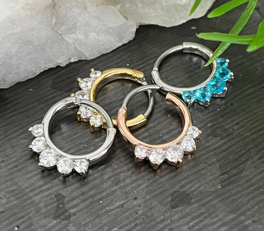 1 Piece Beautiful Five CZ Set Gems Septum 316L Surgical Steel Clicker Segment Ring- 16g - Clear, Blue, Pink, Gold and Rose Gold Available!