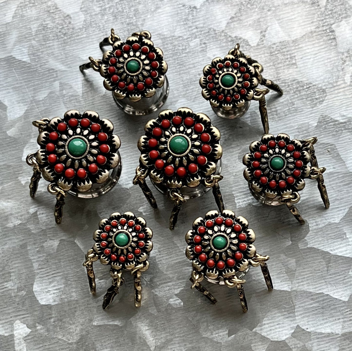 PAIR of Antiqued Red & Turquoise Flower with Feather Dangles Double Flare Steel Tunnels/Plugs - Gauges 0g (8mm) thru 5/8" (16mm) Available!