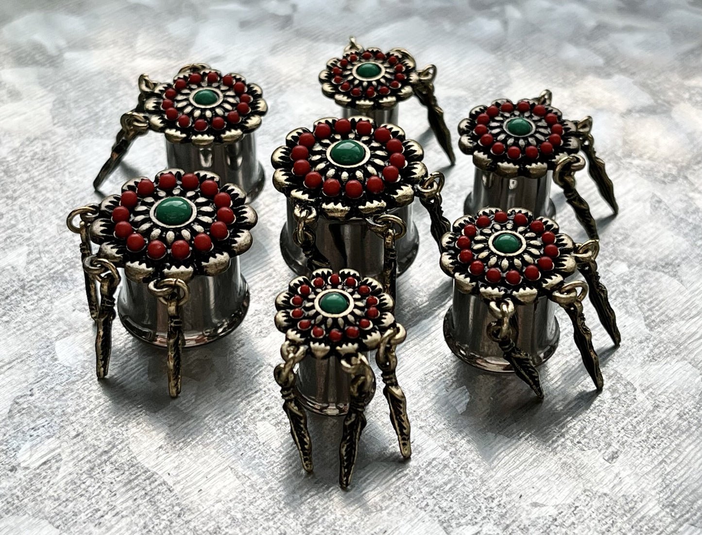 PAIR of Antiqued Red & Turquoise Flower with Feather Dangles Double Flare Steel Tunnels/Plugs - Gauges 0g (8mm) thru 5/8" (16mm) Available!