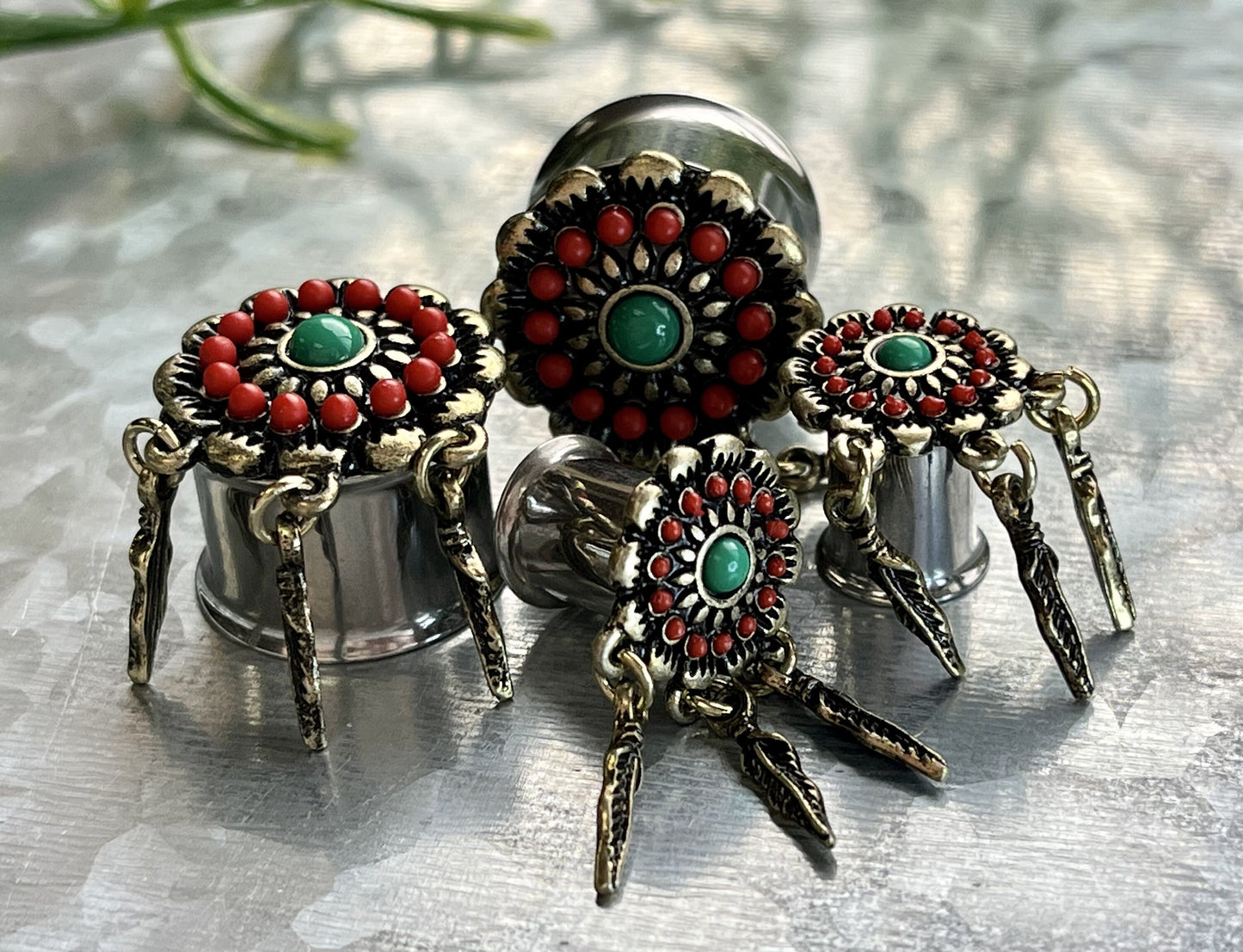 PAIR of Antiqued Red & Turquoise Flower with Feather Dangles Double Flare Steel Tunnels/Plugs - Gauges 0g (8mm) thru 5/8" (16mm) Available!
