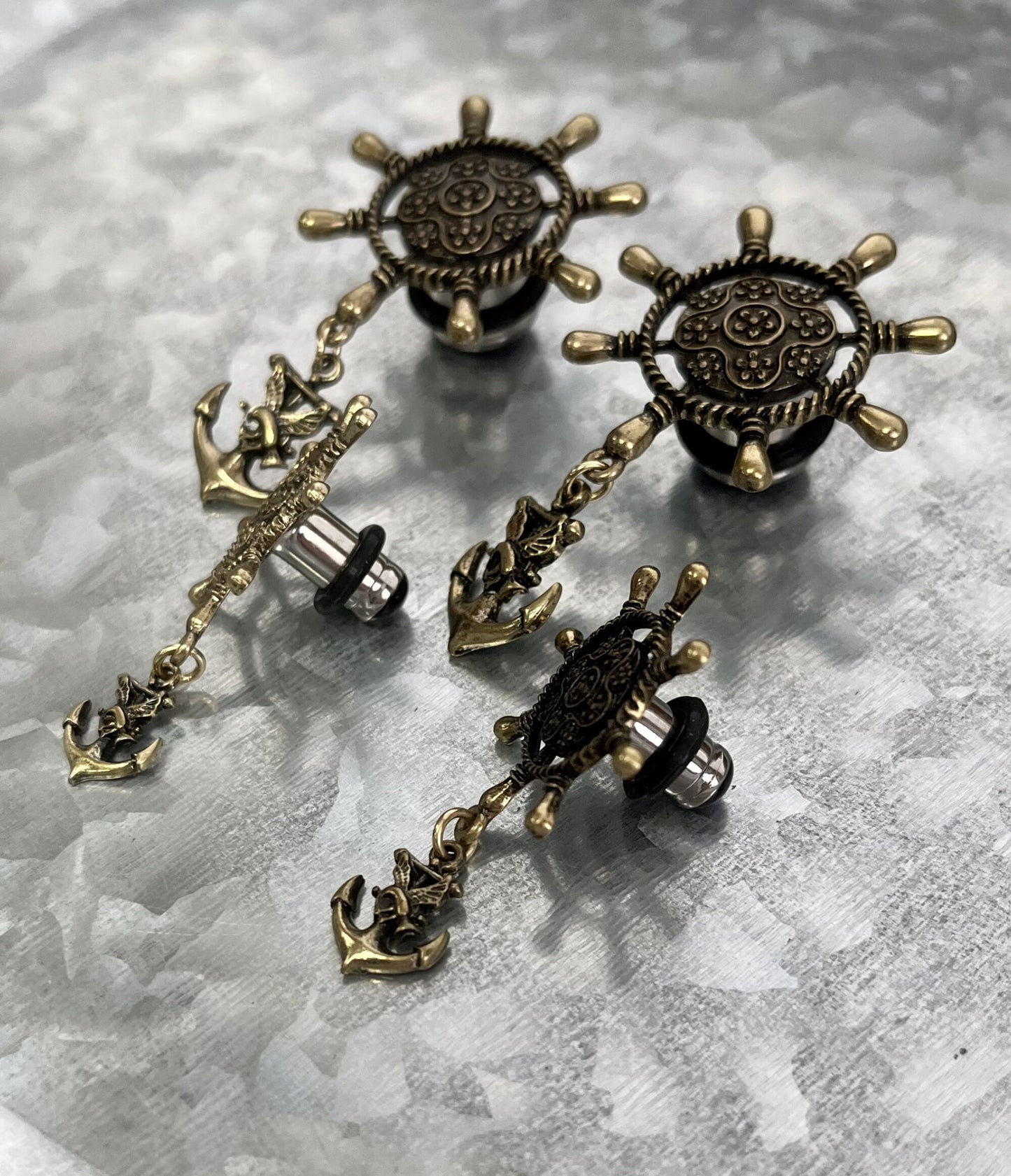 PAIR of Unique Ship Wheel with Anchor Dangle Steel Single Flare Tunnel/Plug and O-rings