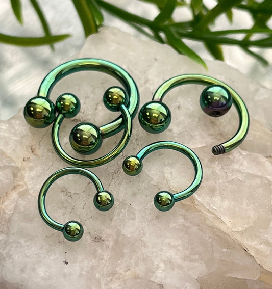 PAIR of Stunning Green Titanium Anodized Circular Barbell Horseshoe Ring - 18g thru 12g with Assorted Ball Sizes!!