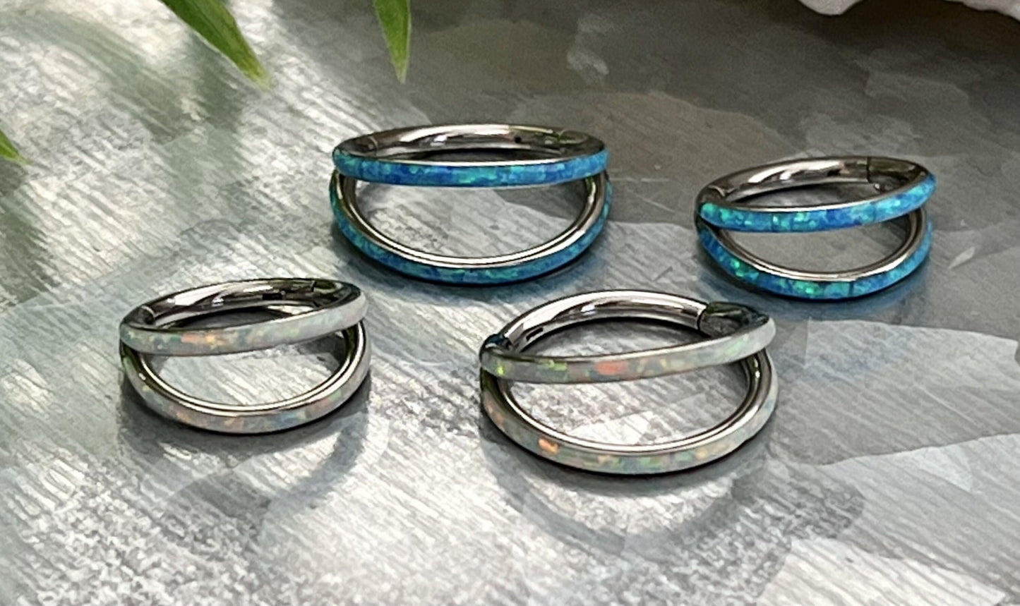 1 Piece Implant Grade Titanium Double Opal Lined Hinged Segment Septum Ring - White or Blue - Gauge 16g, Diameter 10mm & 8mm Available!
