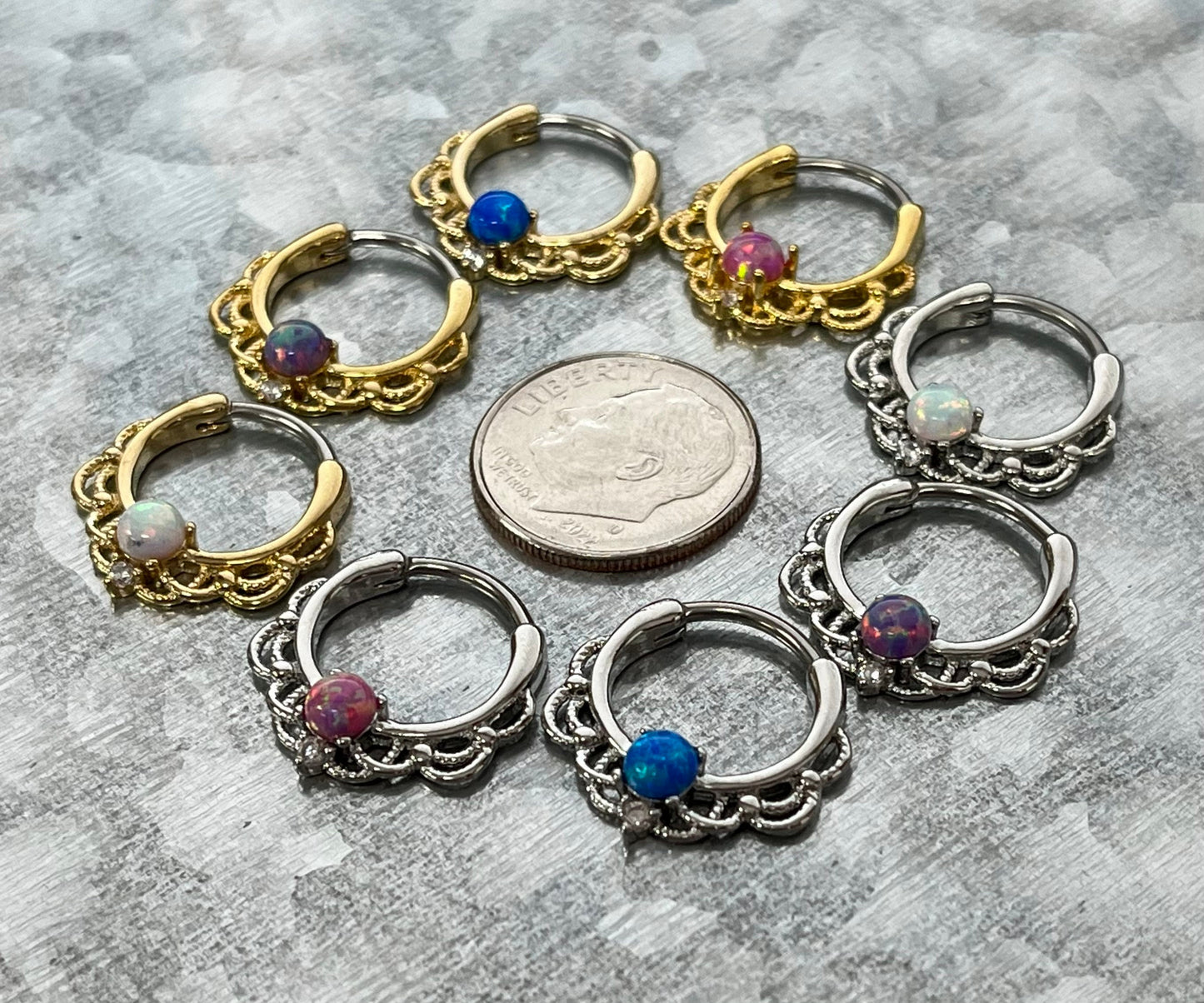 1 Piece Beautiful Lacey Opal & CZ Gem Septum Steel Ring - 16g - 9.5mm Internal Diamater - Blue, Pink, Purple and White in Gold or Silver!!