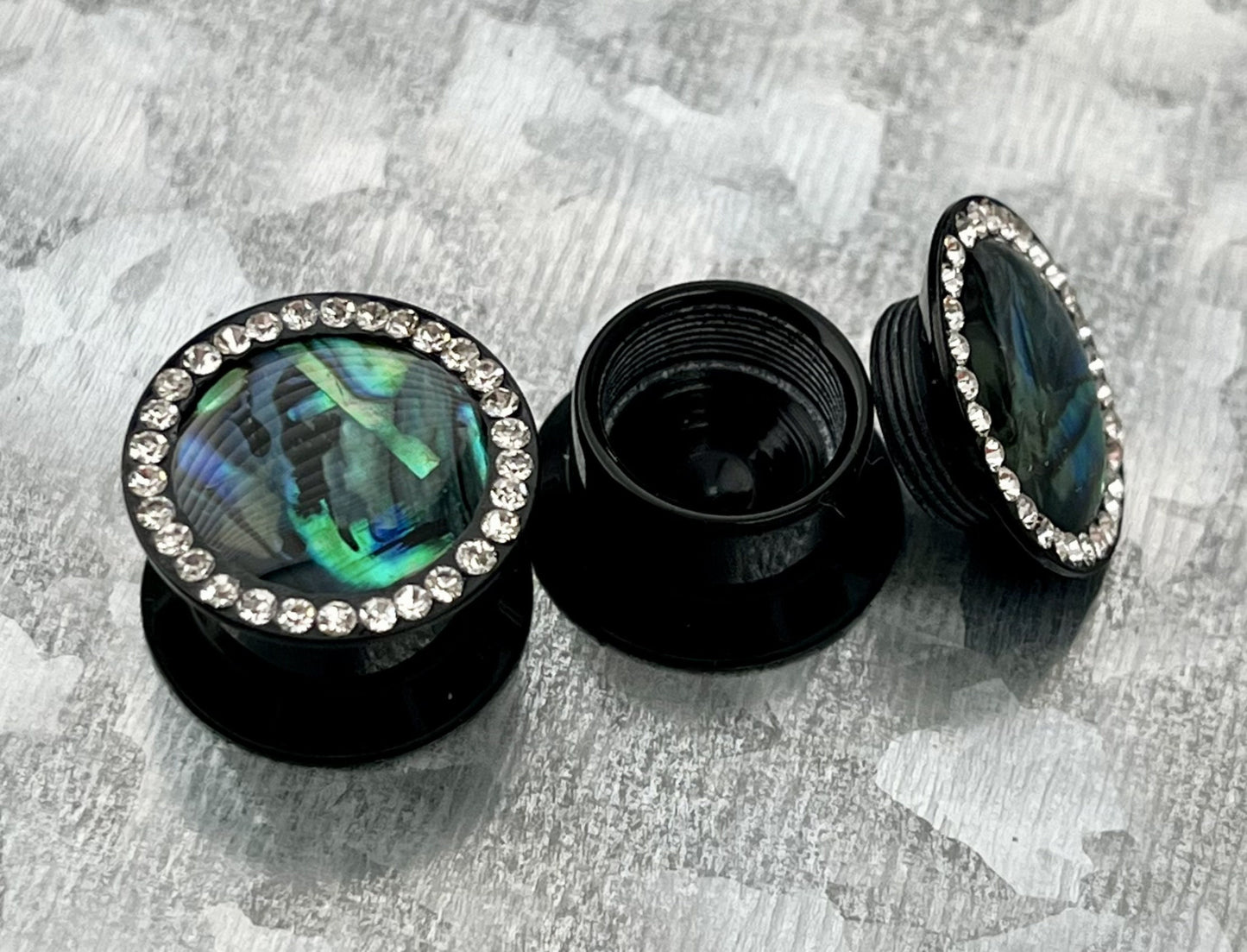 PAIR of Unique Abalone Center Inlay with CZ Gem Acrylic Screw Fit Stash Plugs - ONLY Gauges 1/2" (12mm) & 9/16 (14mm) Available!