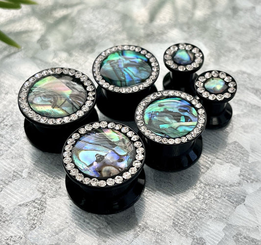 PAIR of Unique Abalone Center Inlay with CZ Gem Acrylic Screw Fit Stash Plugs - ONLY Gauges 1/2" (12mm) & 9/16 (14mm) Available!