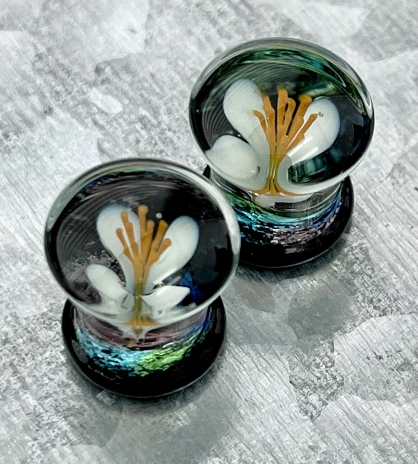 PAIR of Unique Floating White Flower Pyrex Glass Double Flare Plugs - Gauges 0g (8mm) through 5/8" (16mm) available!
