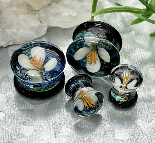 PAIR of Unique Floating White Flower Pyrex Glass Double Flare Plugs - Gauges 0g (8mm) through 5/8" (16mm) available!