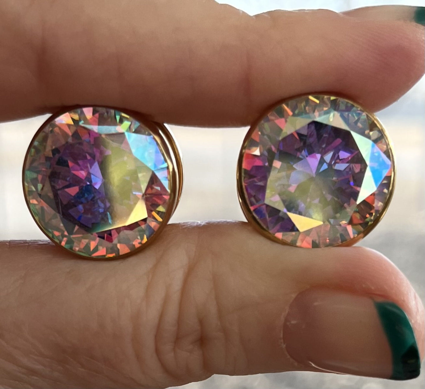 PAIR of Aurora Borealis CZ Gem Steel Screw Fit Tunnels/Plugs - Available in Black, Gold and Rainbow!