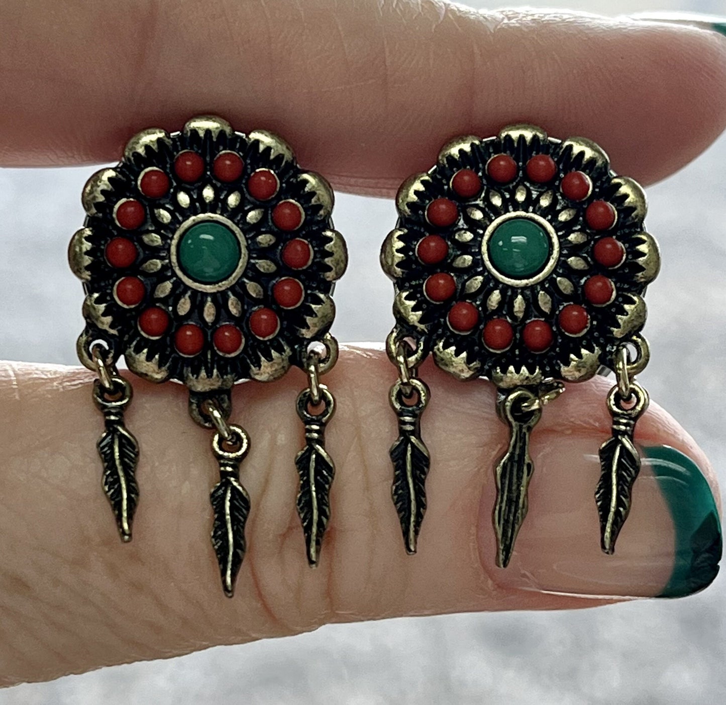 PAIR of Antiqued Red & Turquoise Flower with Feather Dangles Double Flare Steel Tunnels/Plugs - Gauges 0g (8mm) thru 5/8" (16mm) Available!