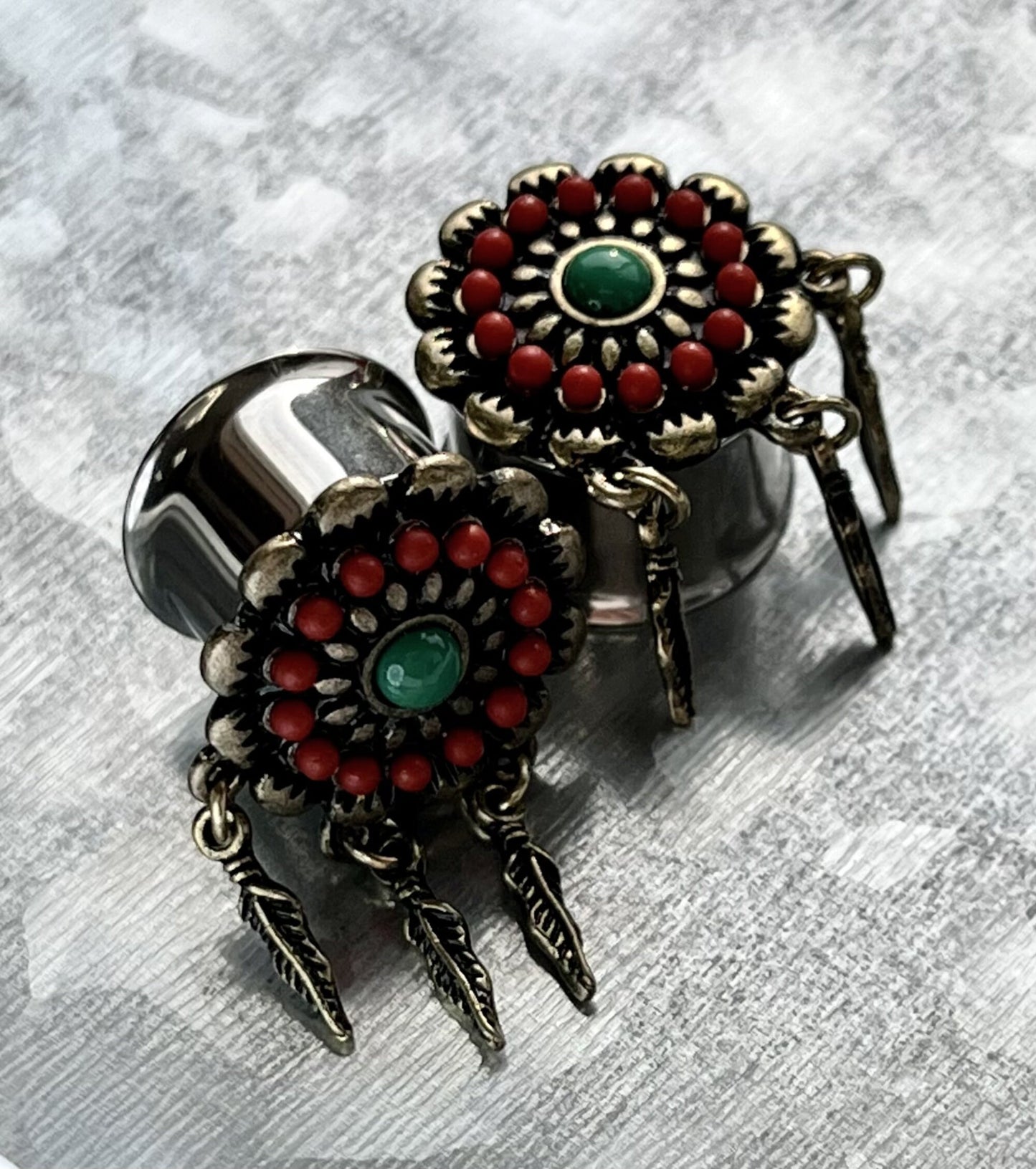 PAIR of Antiqued Red & Turquoise Flower with Feather Dangles Double Flare Steel Tunnels/Plugs - Gauges 0g (8mm) thru 5/8" (16mm) Available!