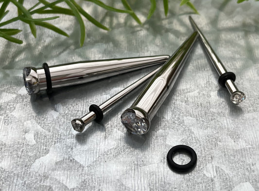 PAIR of Stunning Prong Set CZ Gem Straight Steel Tapers with O-Rings - Gauges 8g (3mm) thru 0g (8mm) available!