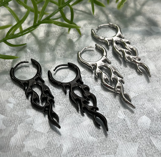 Pair of 18g 316L Stainless Steel Hoop with a Flame Dangle Earrings - Gauges 18g - Black and Silver Available!