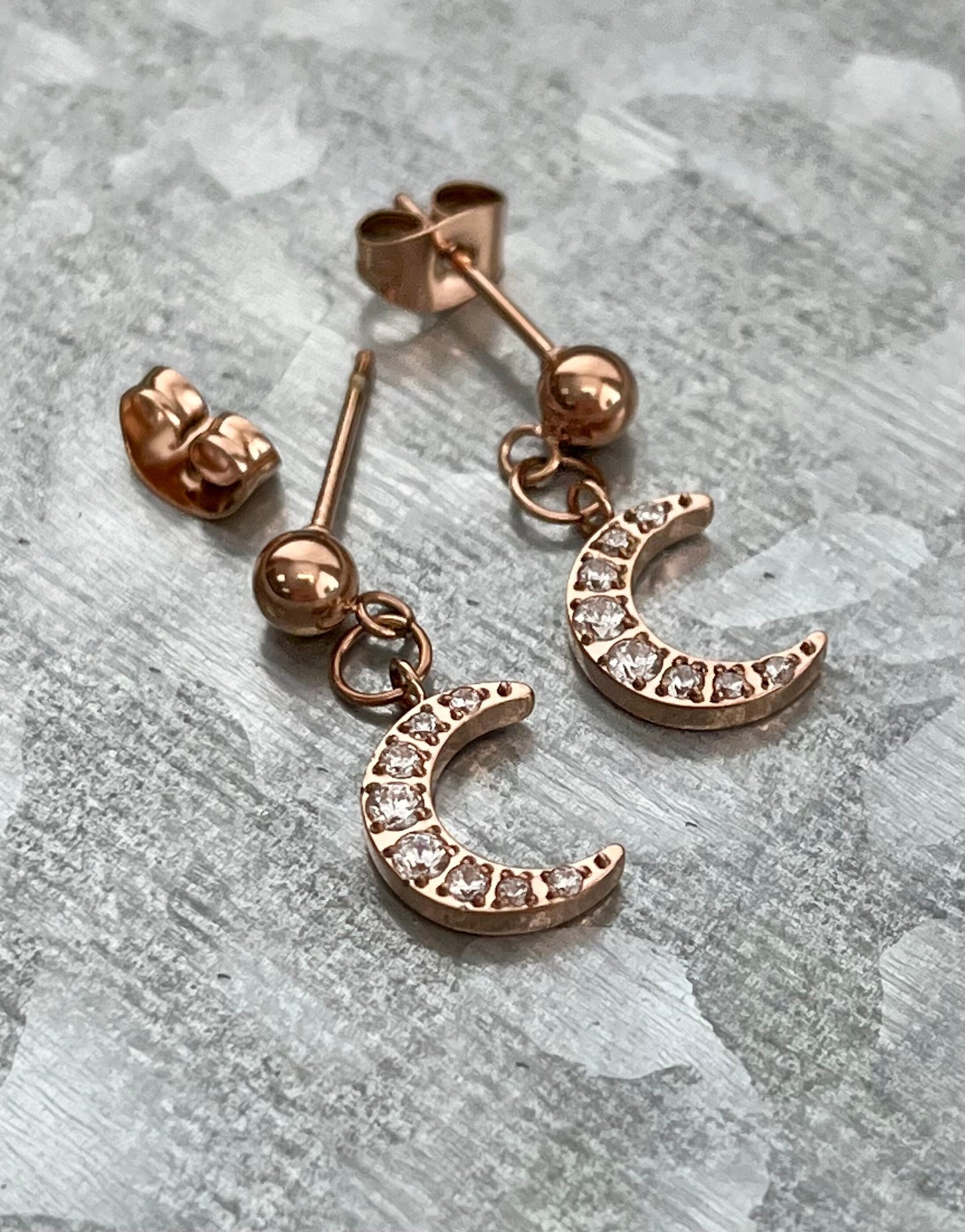 Pair of Stunning CZ Gem Crescent Moon Dangles 316L Stainless Steel Ball Stud Earrings - Gauges 20g - Gold, Rose Gold and Silver Available!