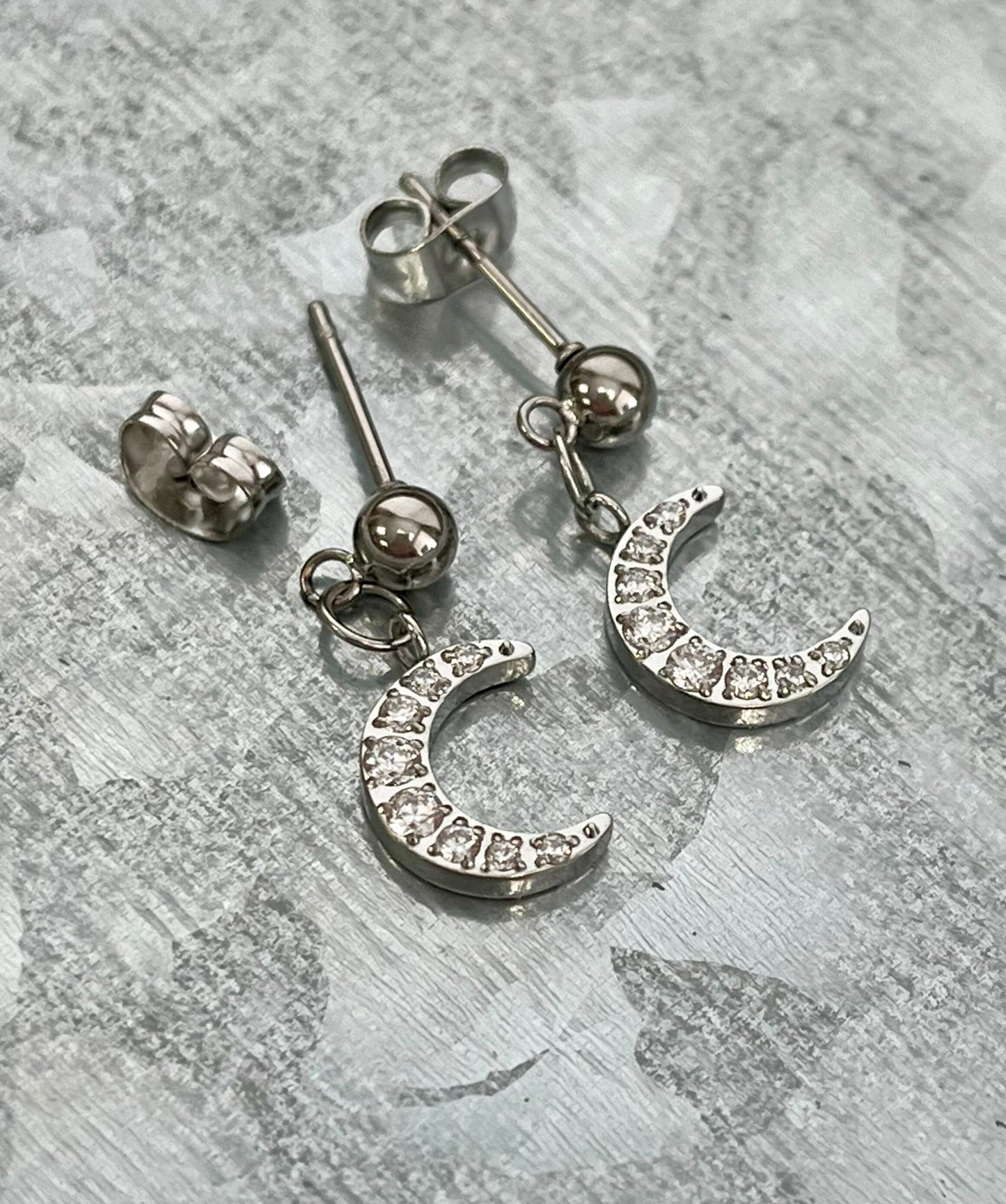 Pair of Stunning CZ Gem Crescent Moon Dangles 316L Stainless Steel Ball Stud Earrings - Gauges 20g - Gold, Rose Gold and Silver Available!