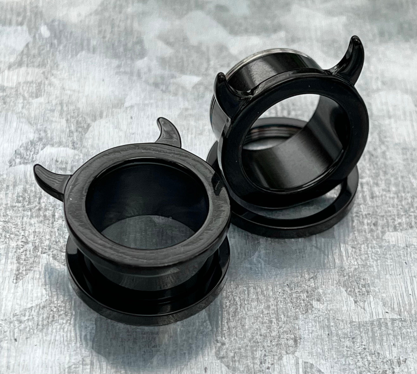 PAIR of Unique Devil Horns Black PVD Steel Screw Fit Tunnels Plugs - Gauges 2g (6mm) thru 5/8" (16mm) Available!