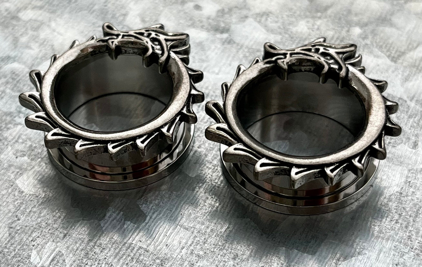 PAIR of Unique Coiled Dragon Rimmed Steel Screw Fit Steel Tunnels/Plugs - Gauges 0g (8mm) thru 1" (25mm) available!