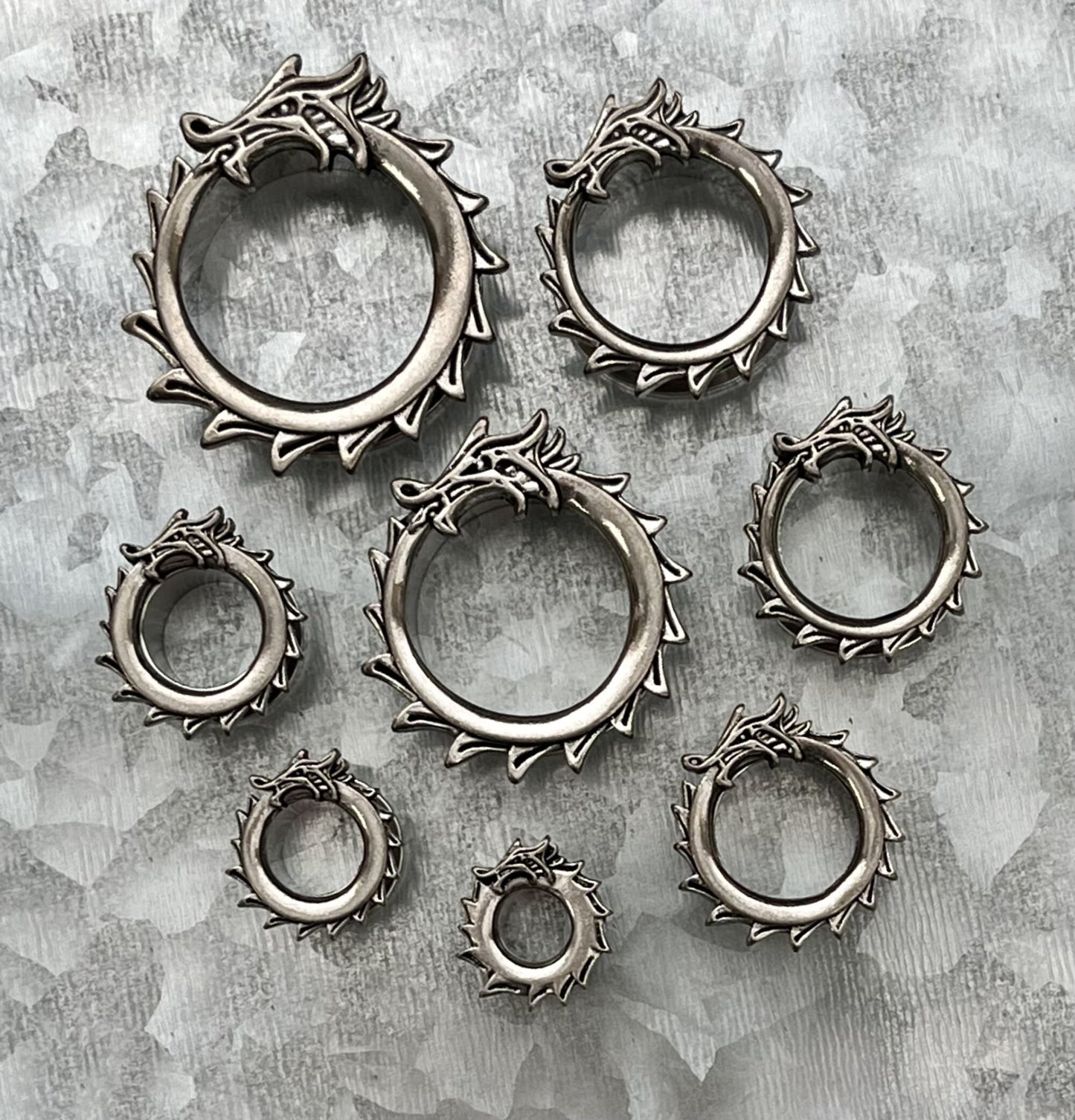 PAIR of Unique Coiled Dragon Rimmed Steel Screw Fit Steel Tunnels/Plugs - Gauges 0g (8mm) thru 1" (25mm) available!
