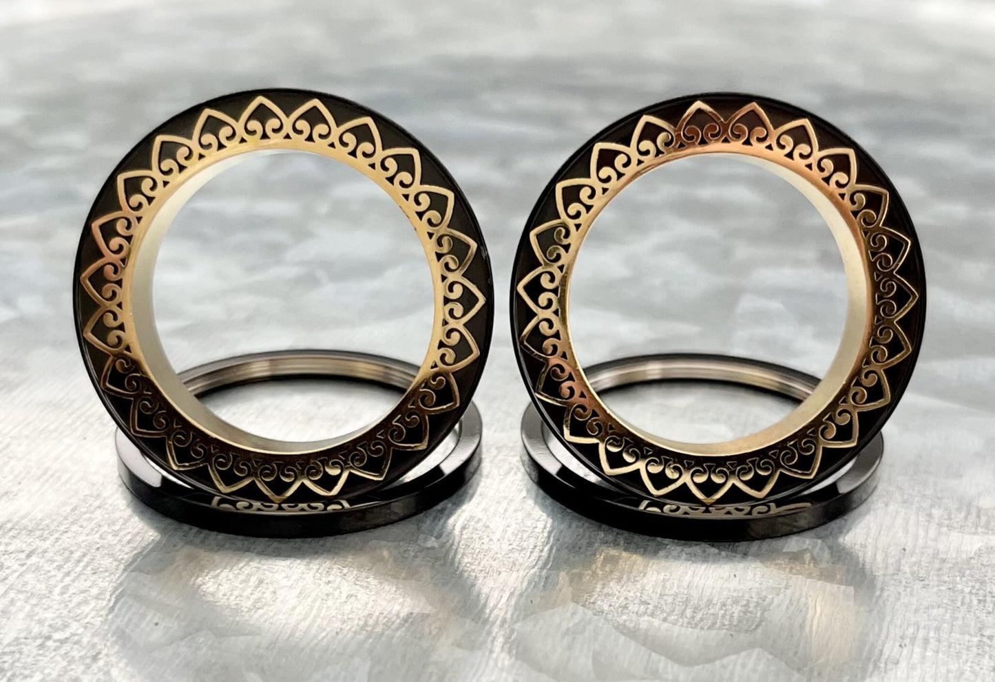 PAIR of Unique Black with Gold Filigree Rim & Interior Screw Fit Tunnels/Plugs - Gauges 0g (8mm) through 1" (25mm) available!