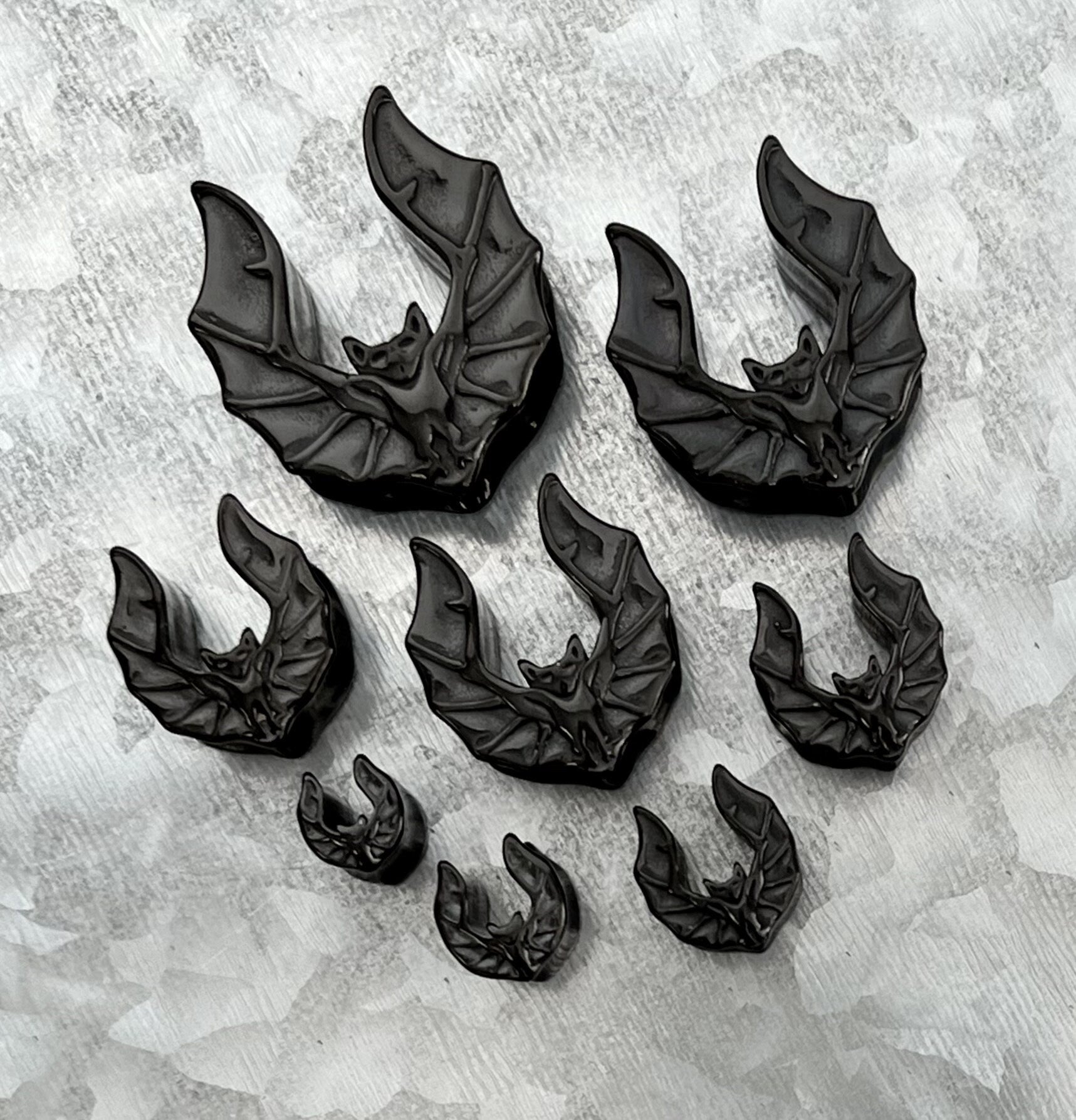 PAIR of Unique Black Bat Saddle Gothic Ear Spreader Surgical Steel Tunnels/Plugs - Gauges 0g (8mm) through 1" (25mm) available!
