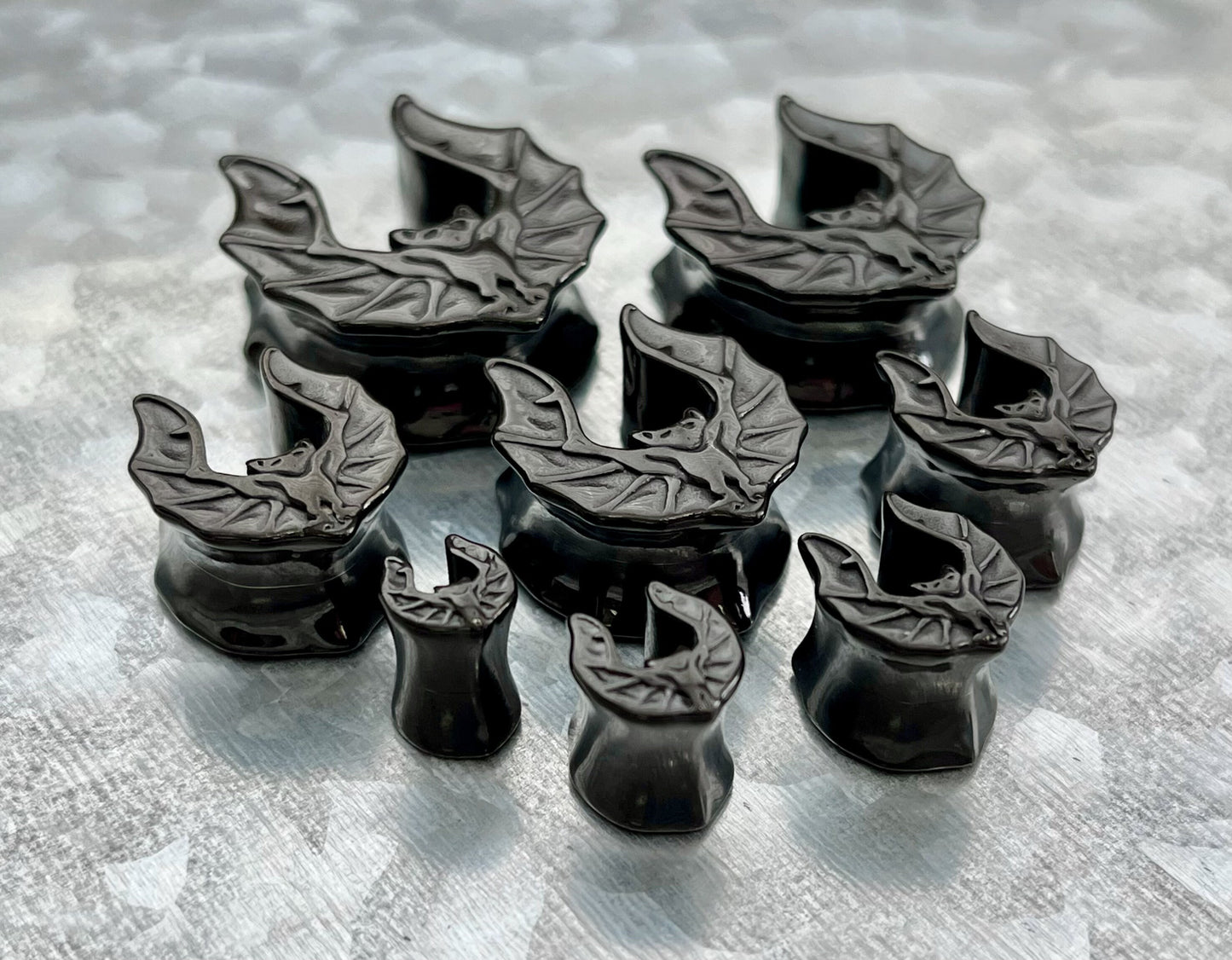 PAIR of Unique Black Bat Saddle Gothic Ear Spreader Surgical Steel Tunnels/Plugs - Gauges 0g (8mm) through 1" (25mm) available!