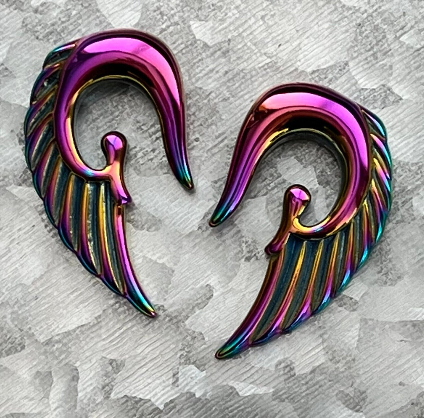 PAIR of Stunning Rainbow Steel Angel Wings 316L Surgical Steel Hanging Tapers Expanders - Gauges 12g (2mm) thru 0g (8mm) Available!