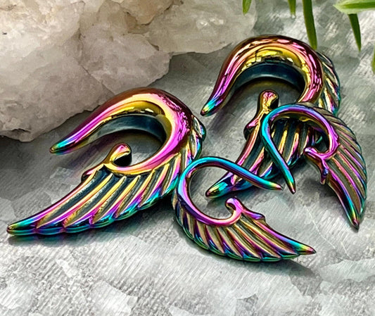 PAIR of Stunning Rainbow Steel Angel Wings 316L Surgical Steel Hanging Tapers Expanders - Gauges 12g (2mm) thru 0g (8mm) Available!