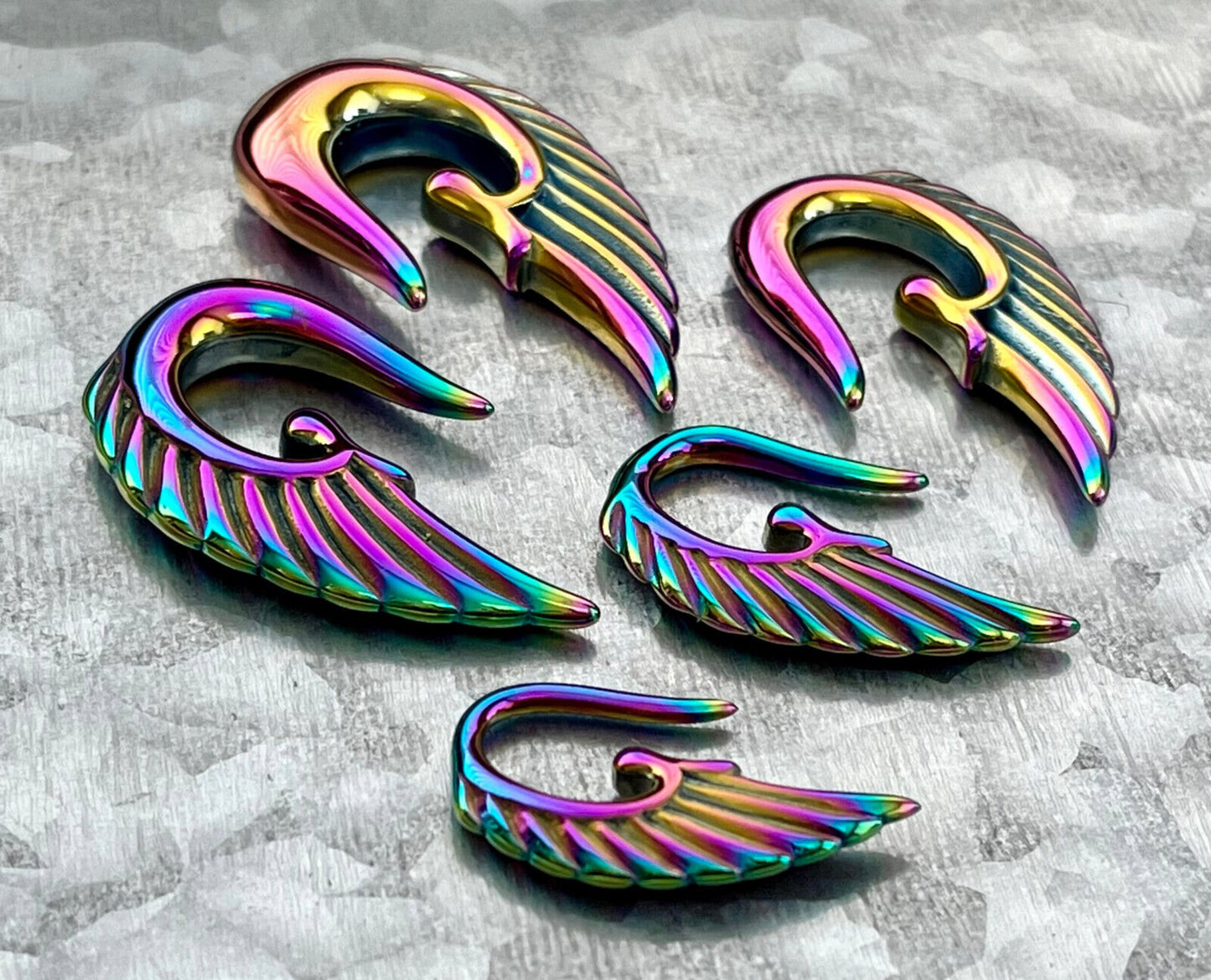 PAIR of Stunning Rainbow Steel Angel Wings 316L Surgical Steel Hanging Tapers Expanders - Gauges 12g (2mm) thru 0g (8mm) Available!