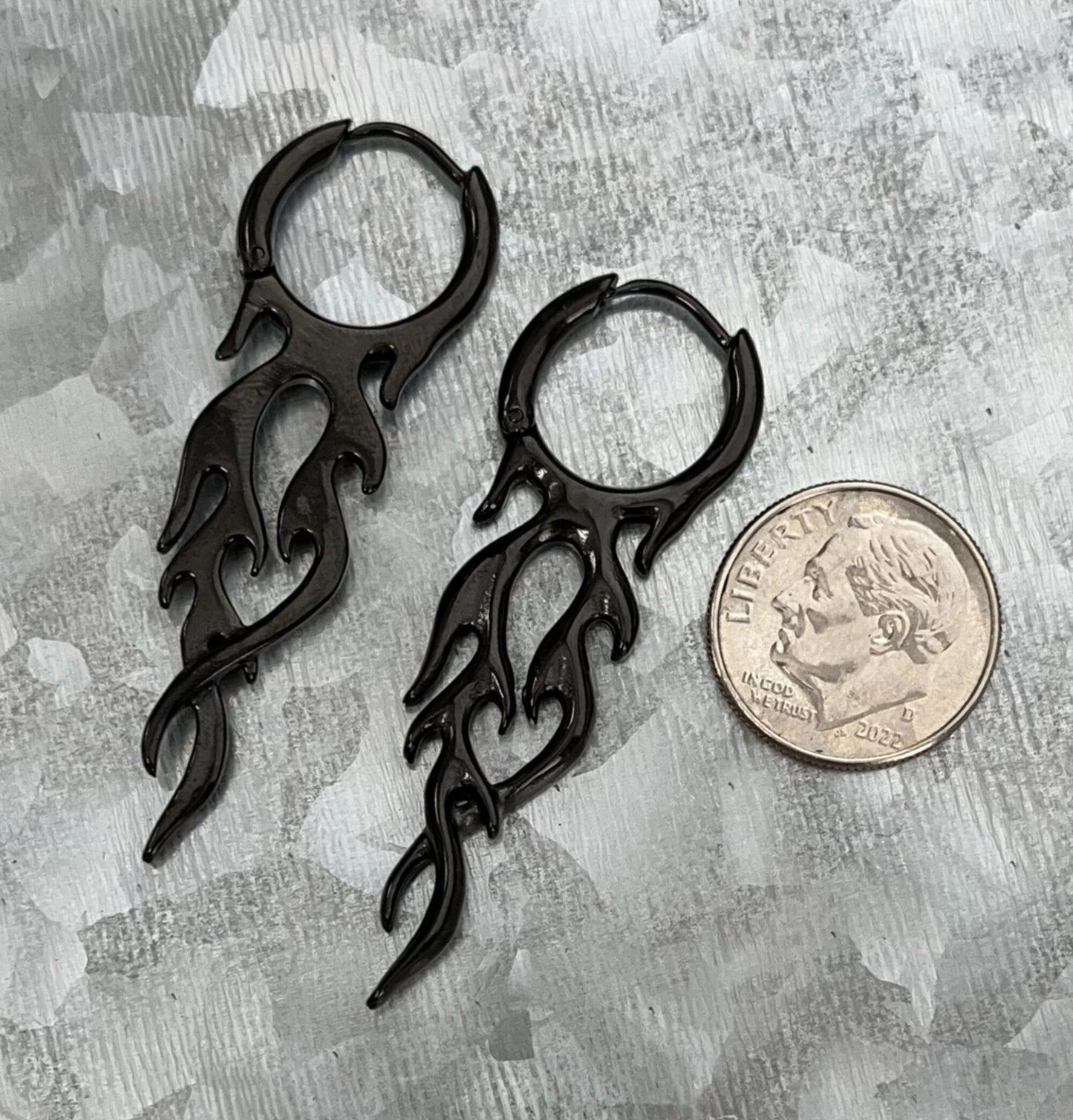 Pair of 18g 316L Stainless Steel Hoop with a Flame Dangle Earrings - Gauges 18g - Black and Silver Available!