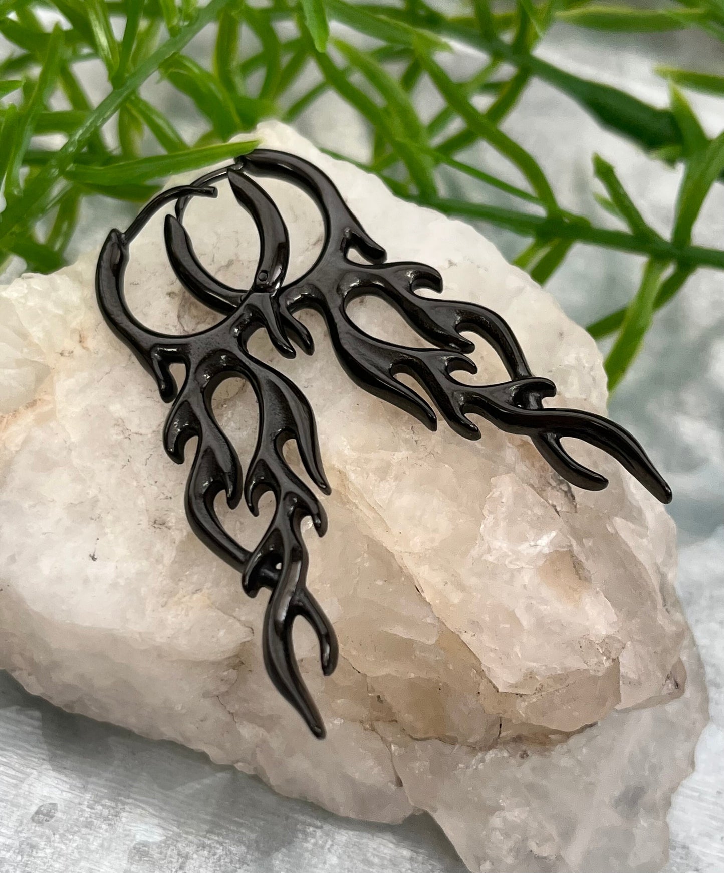 Pair of 18g 316L Stainless Steel Hoop with a Flame Dangle Earrings - Gauges 18g - Black and Silver Available!