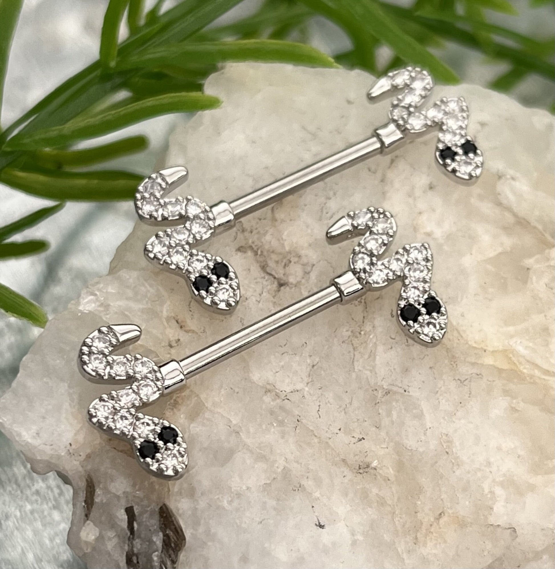 PAIR of Stunning CZ Gem Paved Snake Ends Nipple Barbells/Rings - 14g - Wearable Length 14mm, Gold and Silver Available!