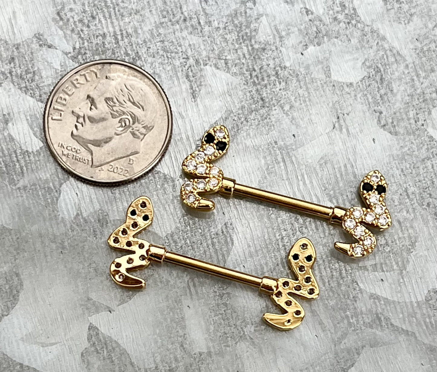 PAIR of Stunning CZ Gem Paved Snake Ends Nipple Barbells/Rings - 14g - Wearable Length 14mm, Gold and Silver Available!