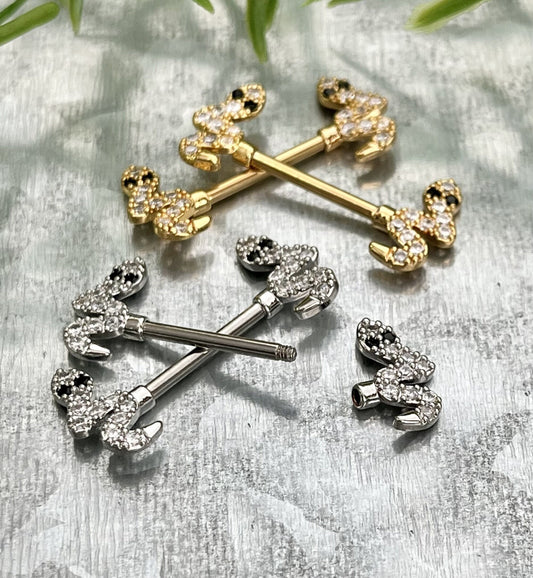 PAIR of Stunning CZ Gem Paved Snake Ends Nipple Barbells/Rings - 14g - Wearable Length 14mm, Gold and Silver Available!