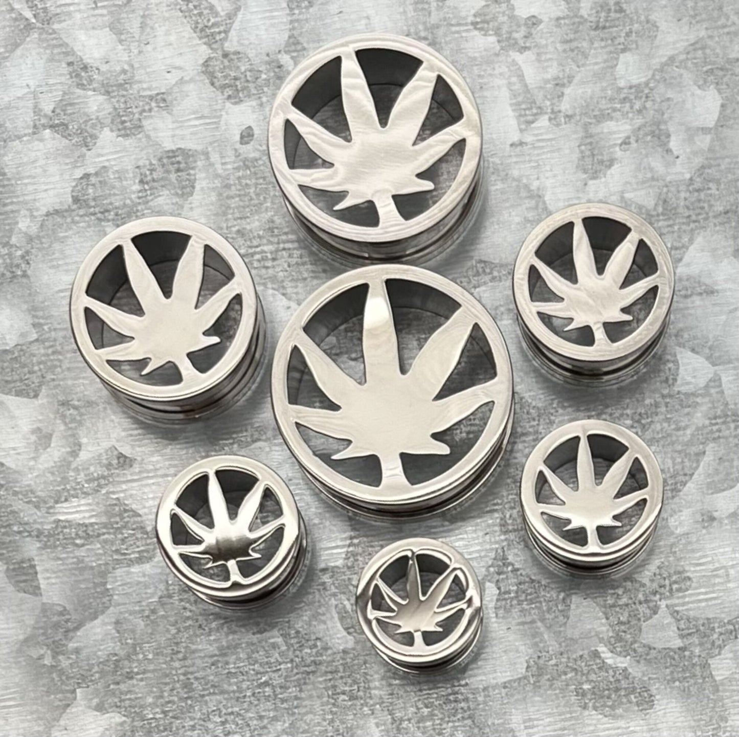 PAIR of Unique Pot Leaf Marijuana Steel Screw Fit Tunnels/Plugs - Gauges 0g (8mm) thru 1" (25mm) available!