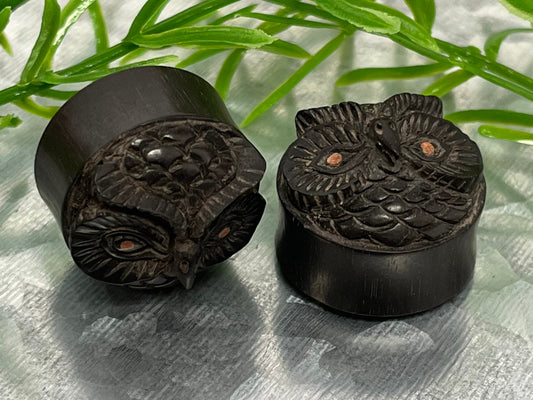 PAIR of Unusual Carved Owl in Ebony Wood Saddle Plugs/Tunnels - Gauges 9/16" (14mm), 11/16" (18mm) & 7/8" (22mm) Available!