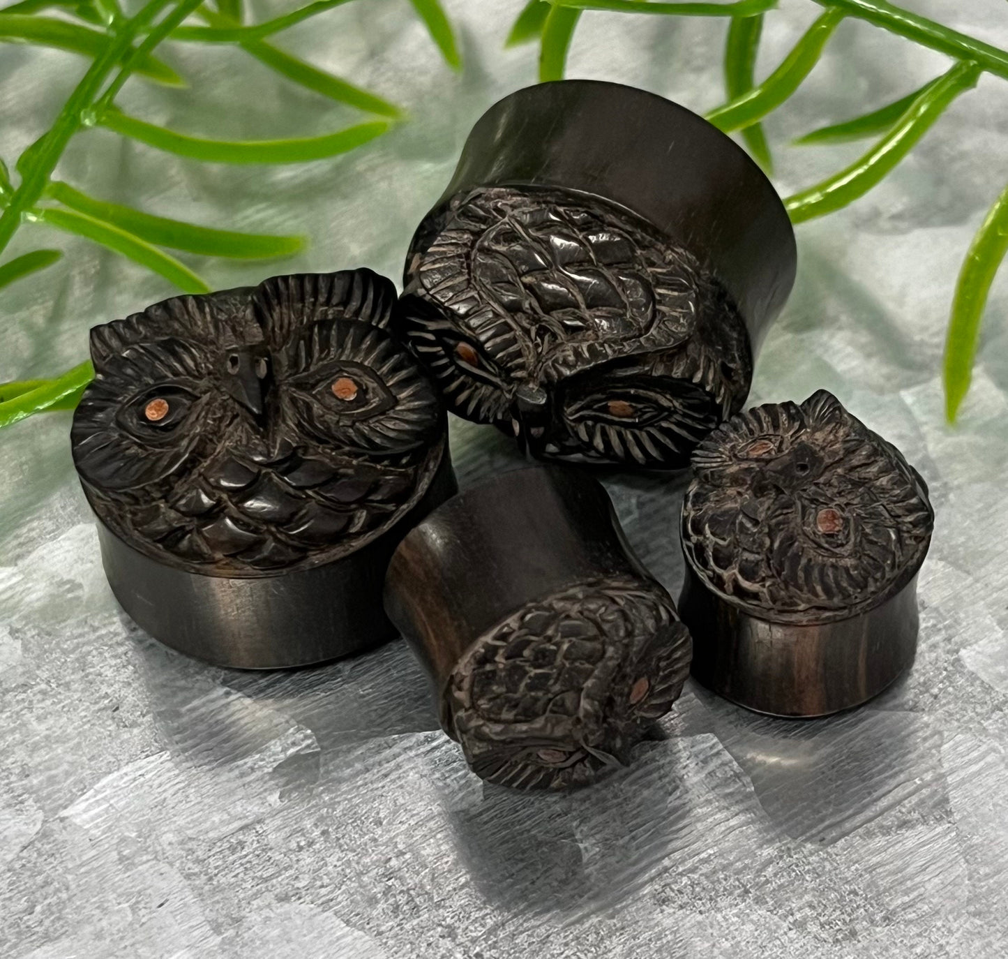 PAIR of Unusual Carved Owl in Ebony Wood Saddle Plugs/Tunnels - Gauges 9/16" (14mm), 11/16" (18mm) & 7/8" (22mm) Available!