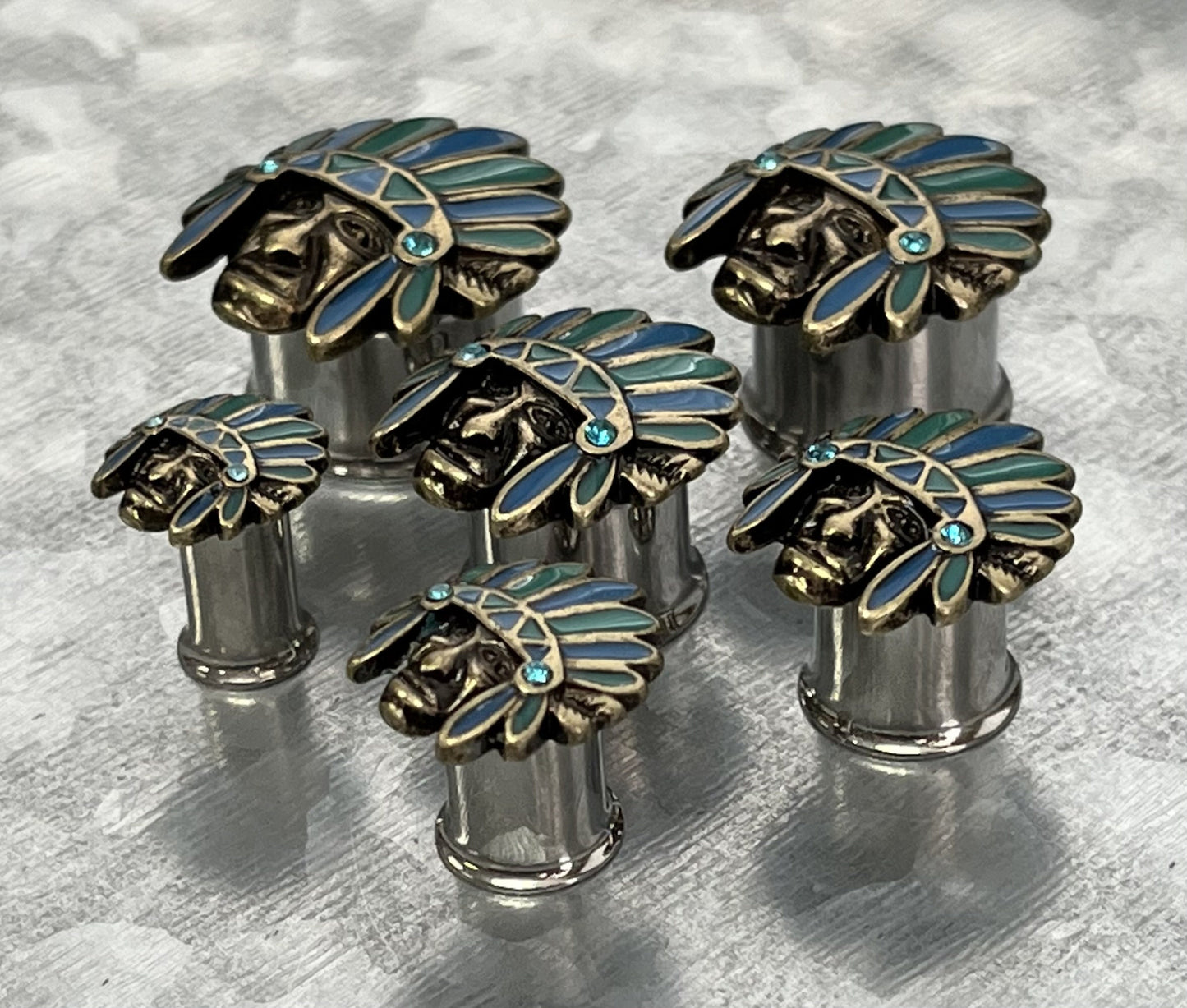 PAIR of Unique Turquoise Enamel Headdress Tribal Chief Double Flare Steel Tunnels/Plugs - Gauges 0g (8mm) thru 5/8" (16mm) Available!