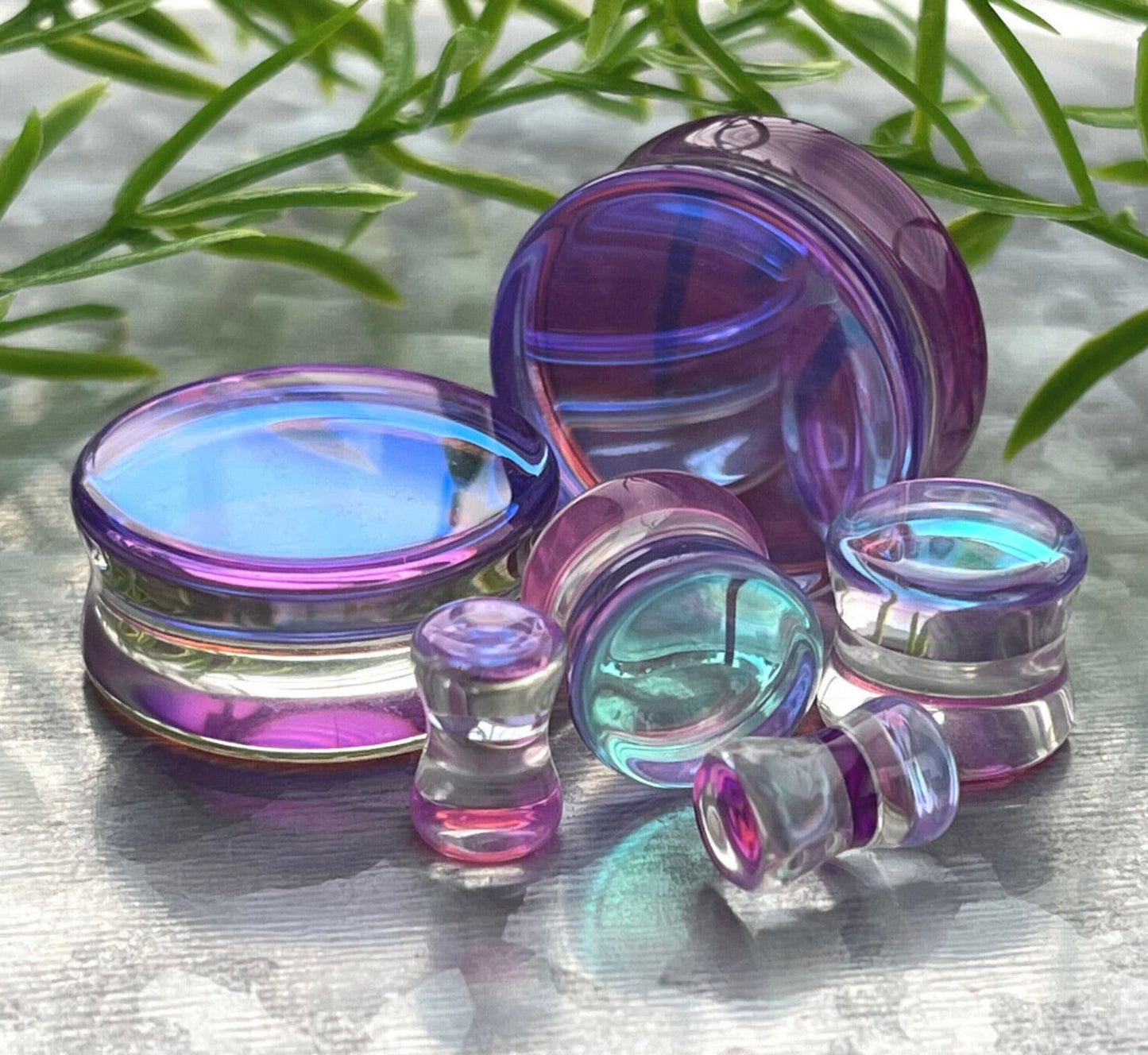 PAIR of Beautiful Mermaid Iridescent Glass Double Flare Plugs - Gauges 2g (6mm) thru 1" (25mm) available!