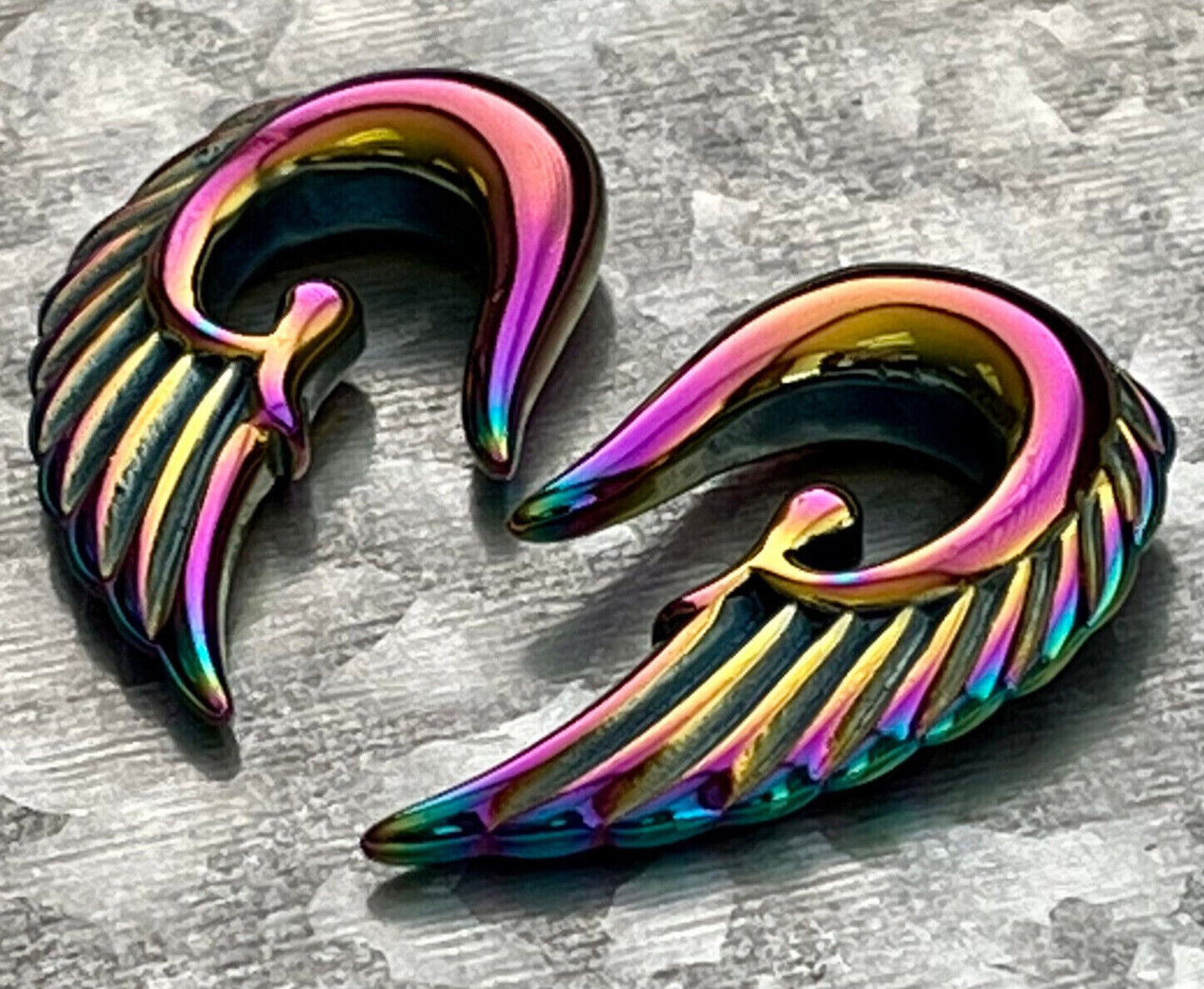PAIR of Stunning Rainbow Steel Angel Wings 316L Surgical Steel Hanging Tapers Expanders - Gauges 12g (2mm) thru 0g (8mm) Available!