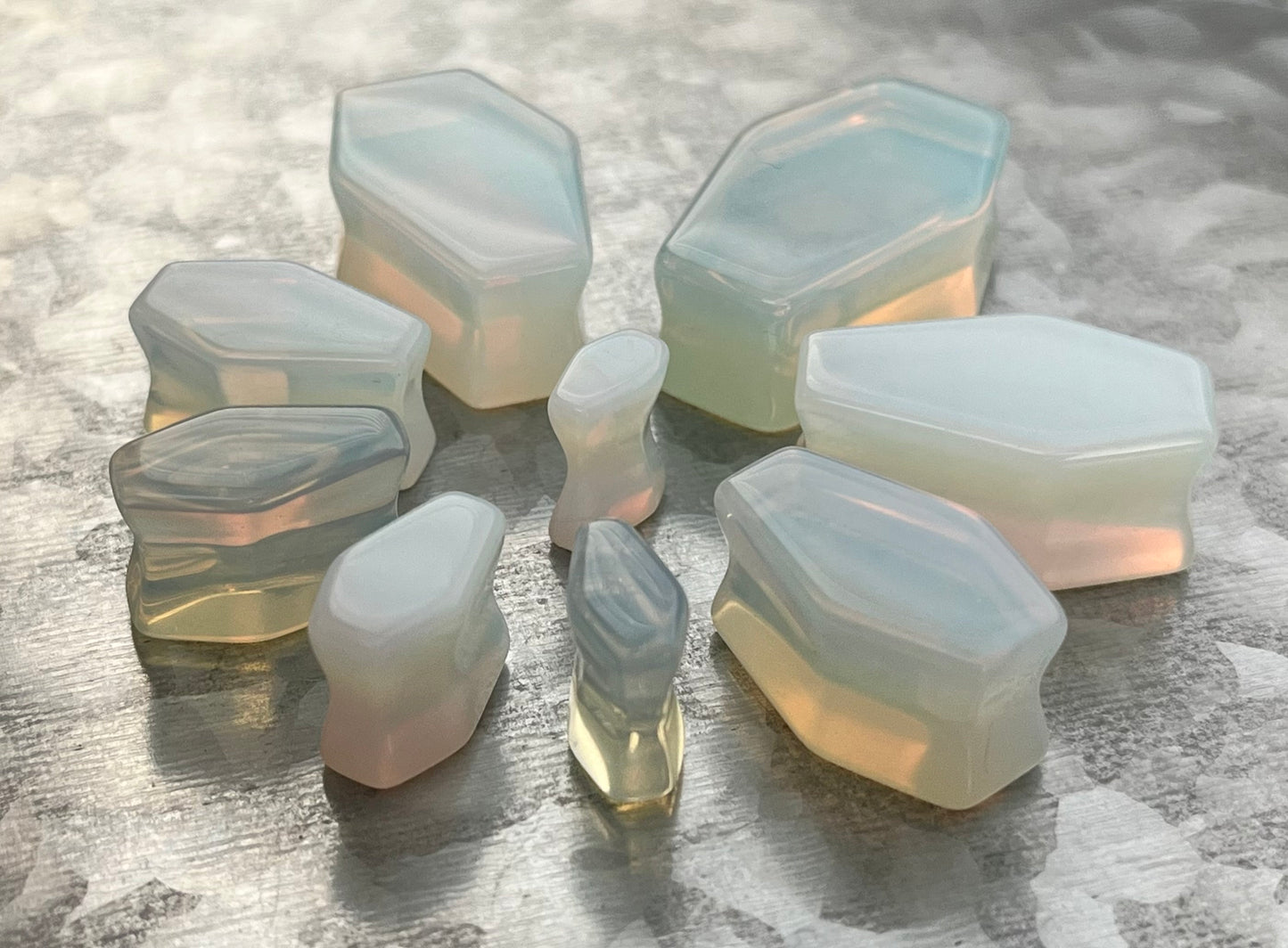 PAIR of Unusual Coffin Shaped Opalite Glass Stone Double Flare Plugs - Gauges 2g (6mm) to 1" (25mm) Available!