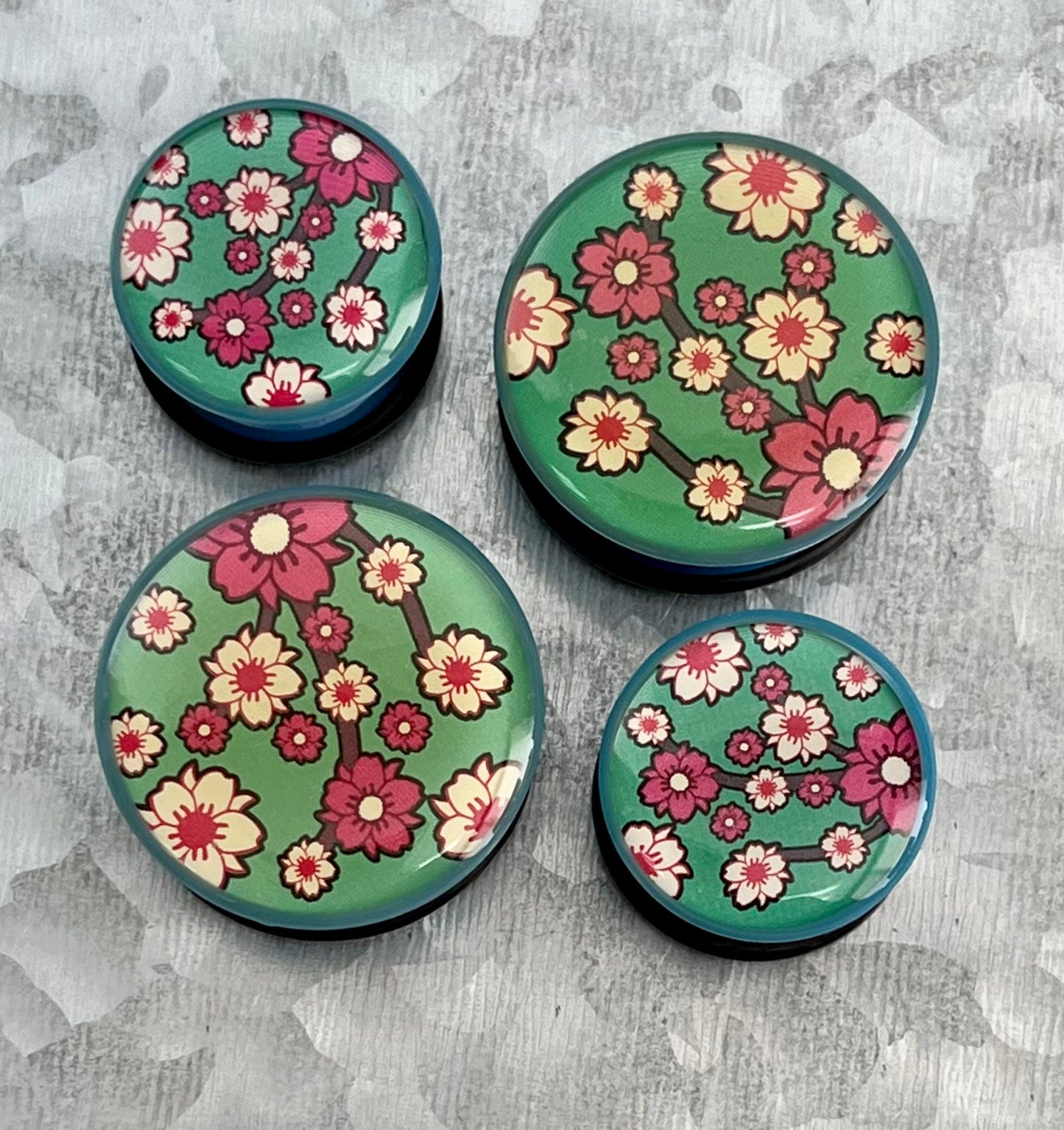 PAIR of Unique Flower Print Single Flare Acrylic Plugs with O-Rings - Green, Blue or Purple - Gauges 1/2" (12mm) thru 1" (26mm) available!