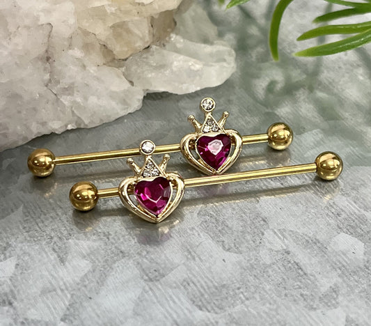 1 PIECE Stunning Gold Crown Fuchsia Heart Industrial Barbell - 14g - Wearable Length (38mm) 1&1/2" Available!