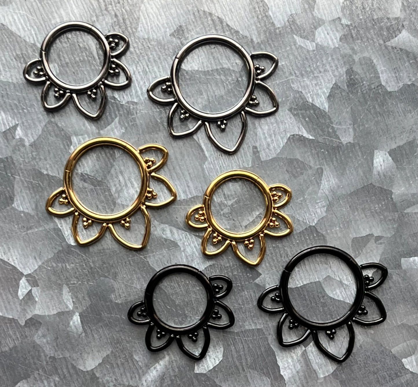 1 Piece Implant Grade Titanium Filigree Hearts Hinged Segment Septum Ring- 16g in 10mm or 8mm - Silver, Gold & Black Available!