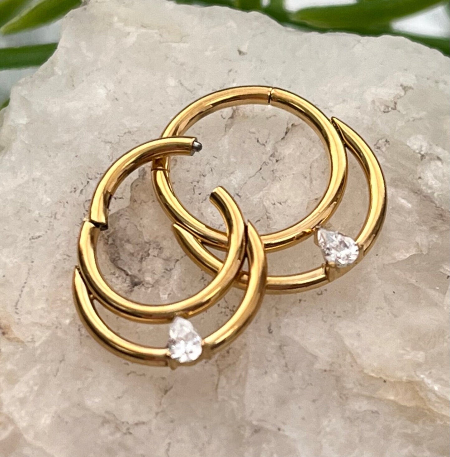 1 Piece Implant Grade Titanium Double Lined Teardrop CZ Gem Hinged Segment Septum Ring- 16g in 10mm or 8mm - Silver & Gold Available!