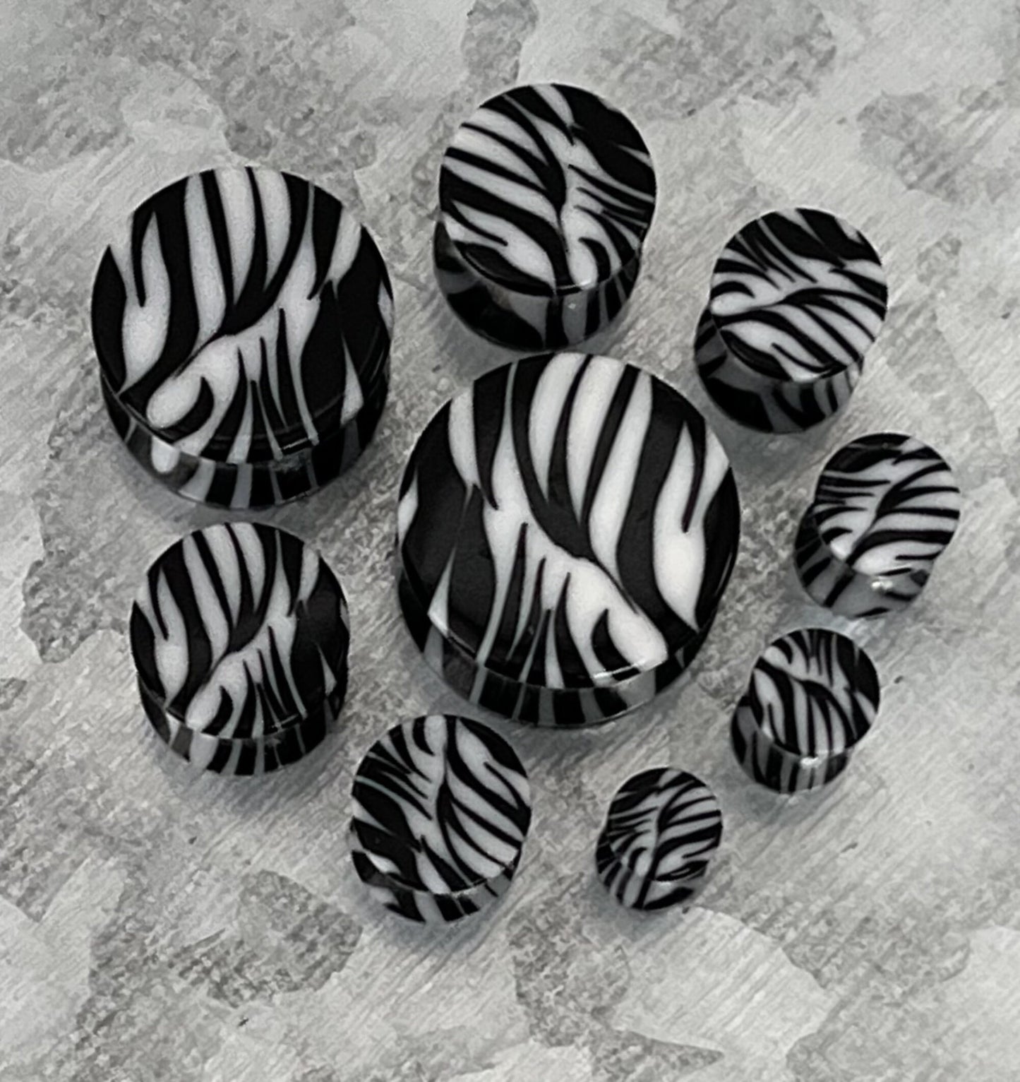 PAIR of Unique Zebra / White Tiger Acrylic Saddle Plugs Saddle Plugs - Gauges 8g (3.2mm) thru 9/16" (16mm) available!