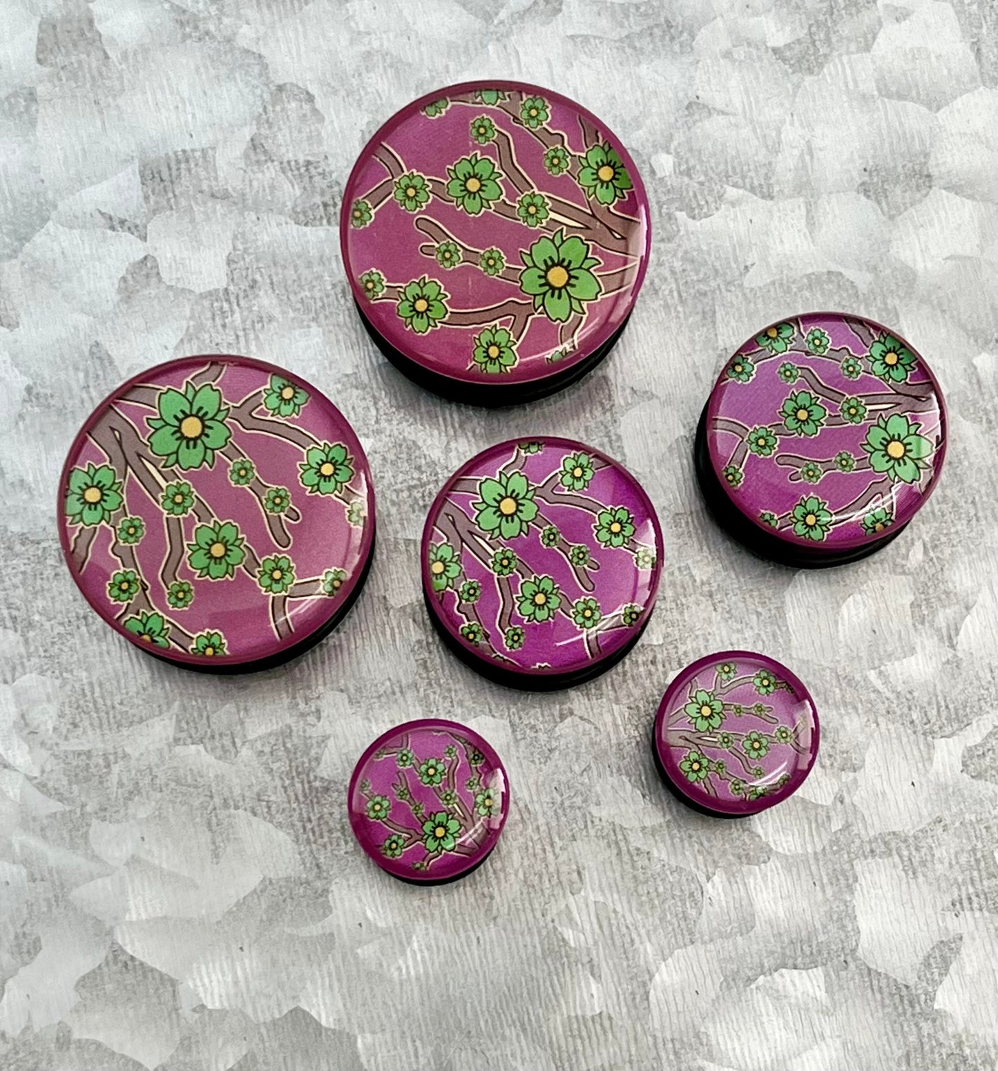 PAIR of Unique Flower Print Single Flare Acrylic Plugs with O-Rings - Green, Blue or Purple - Gauges 1/2" (12mm) thru 1" (26mm) available!