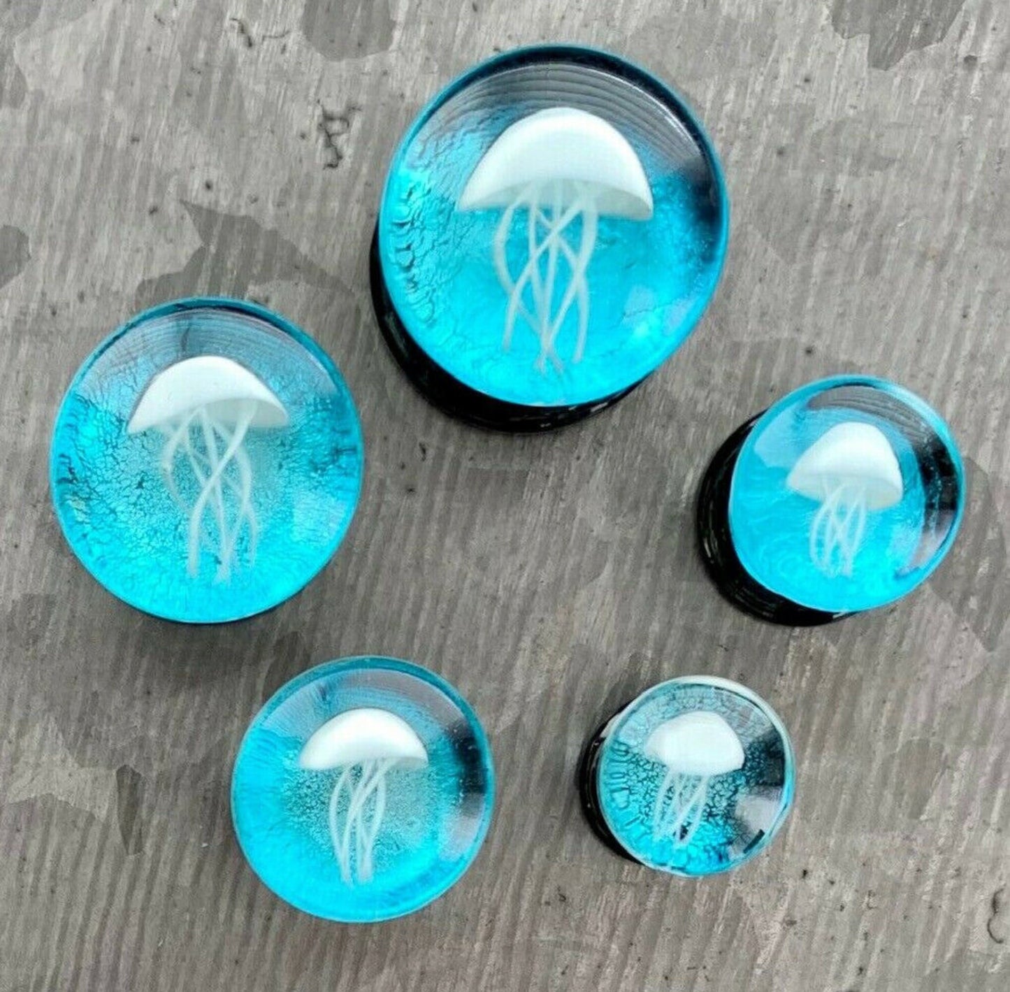 PAIR of Stunning Floating Jellyfish Design Pyrex Glass Double Flare Plugs -Gauges 0g (8mm) through 1" (25mm) available!