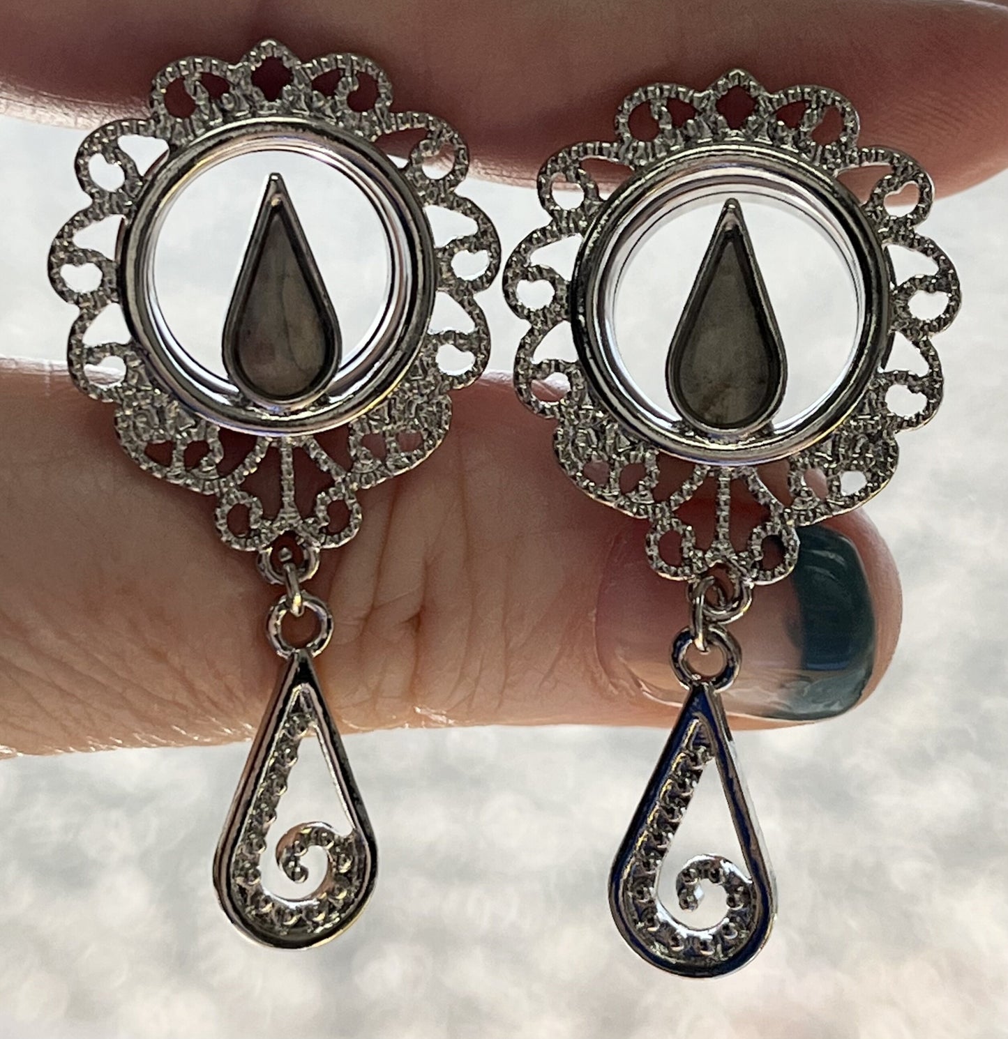 PAIR of Unique Teardrop Mother of Pearl Centered Filigree Dangle Steel Internally Threaded Tunnel- Gauges 2g(6mm) thru 5/8"(16mm) available!